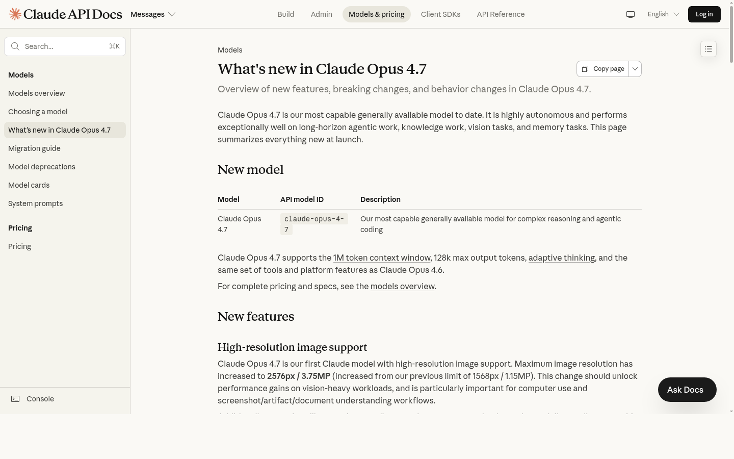 What's new in Claude Opus 4.7（公式ドキュメント）