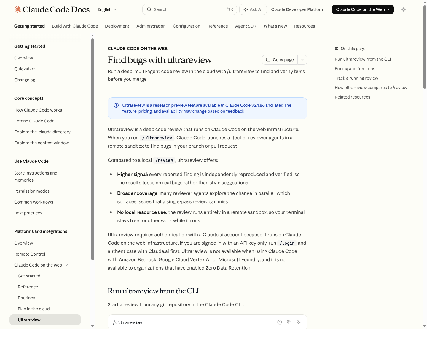 Claude Code Docs：/ultrareview